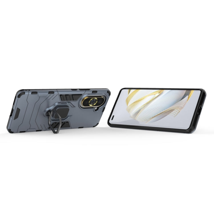 Navy blue phone case with magnetic ring holder, shown in back and side view