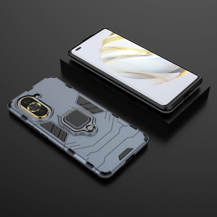 Navy blue protective phone case with magnetic ring holder, shown with front cover