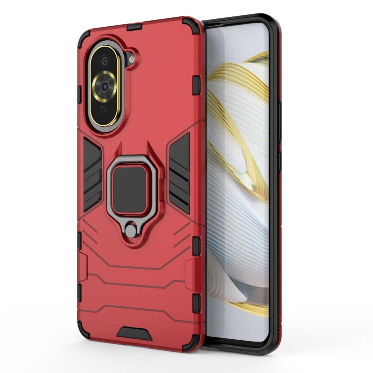 Red shockproof phone case with magnetic ring holder and raised camera lens cover