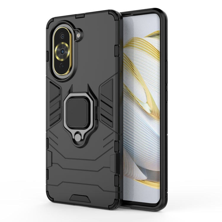 Black shockproof phone case with magnetic ring holder and raised camera lens cover