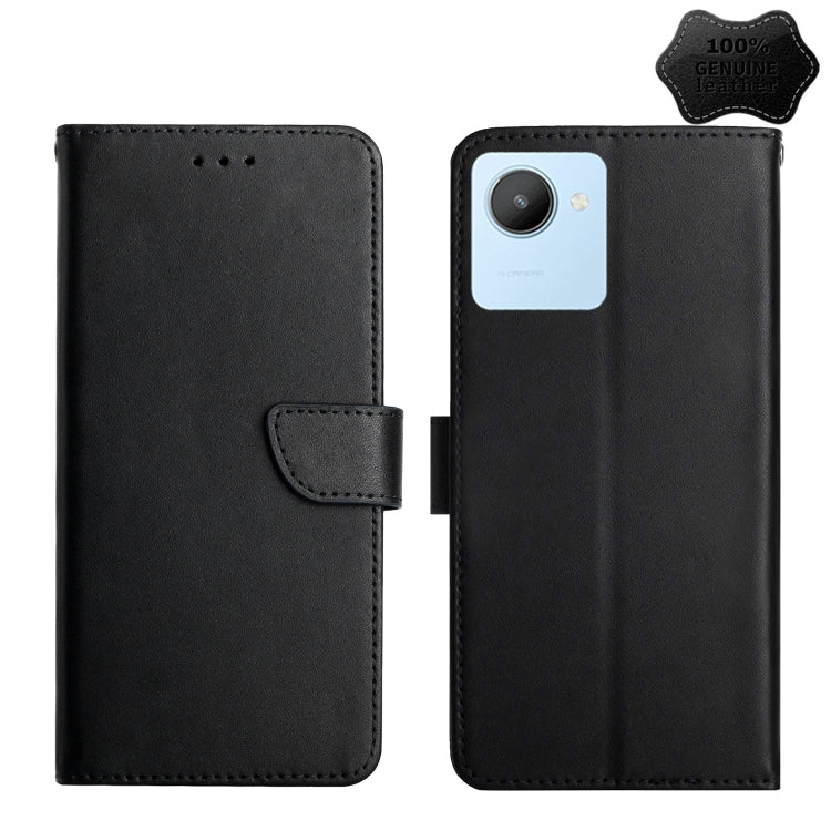 Black genuine leather flip phone case with side clasp and stitched edges