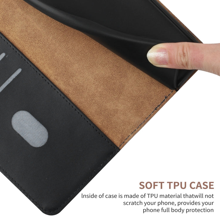 Black flip phone case with tan interior lining and stitched seam