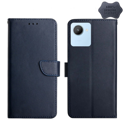 Blue genuine leather flip phone case with side clasp and stitched edges