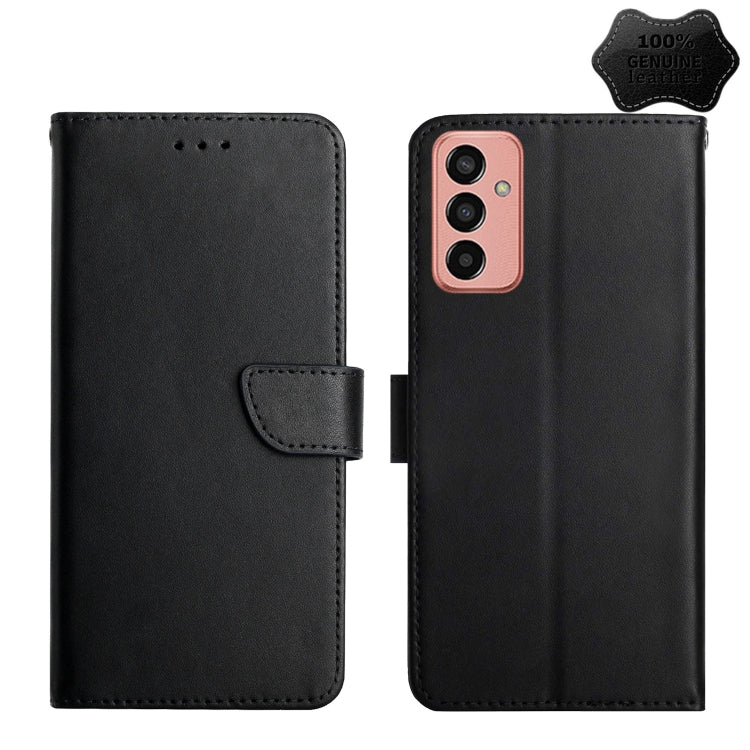 Black genuine leather flip phone case with folio flap and cutout for triple camera