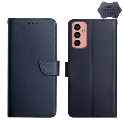 Blue genuine leather flip phone case with folio flap and cutout for triple camera