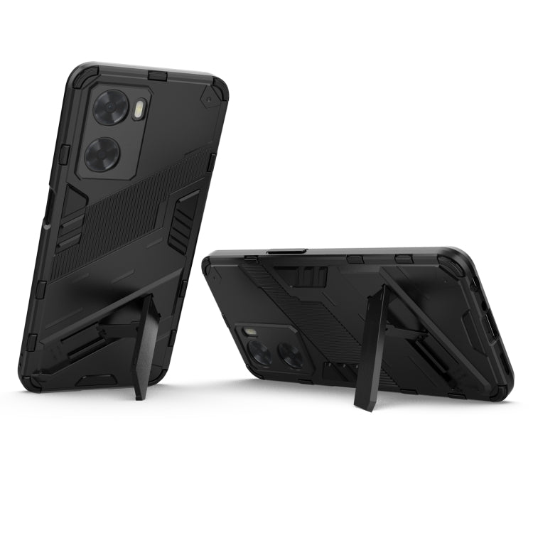 Rugged black phone case with built-in kickstand for landscape viewing