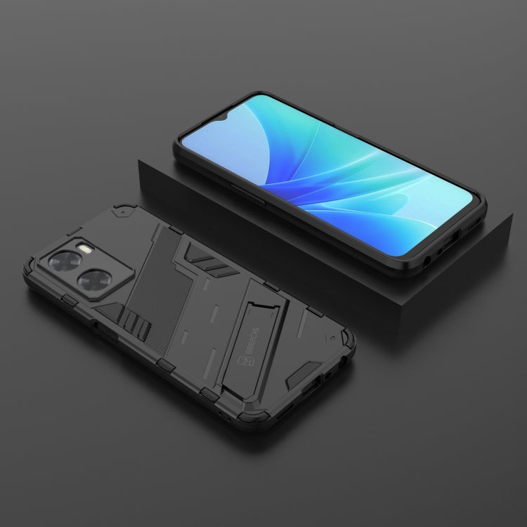 Rugged black phone case with stand extended for angled viewing