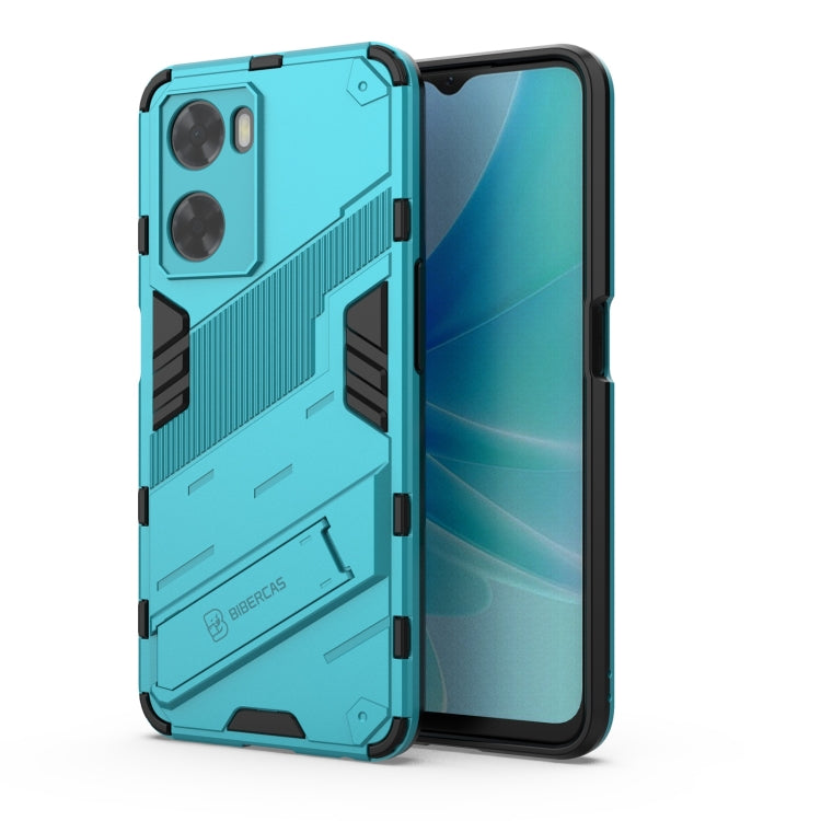 Shockproof rugged phone case with armor design, turquoise with black accents
