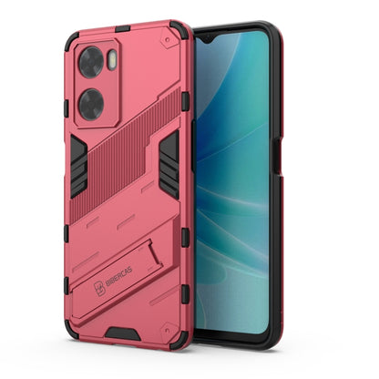 Shockproof rugged phone case with armor design, pink with black accents