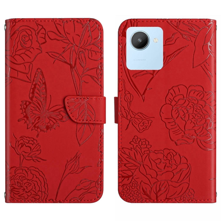 Red butterfly embossed flip leather phone case with card slot, side button cutouts