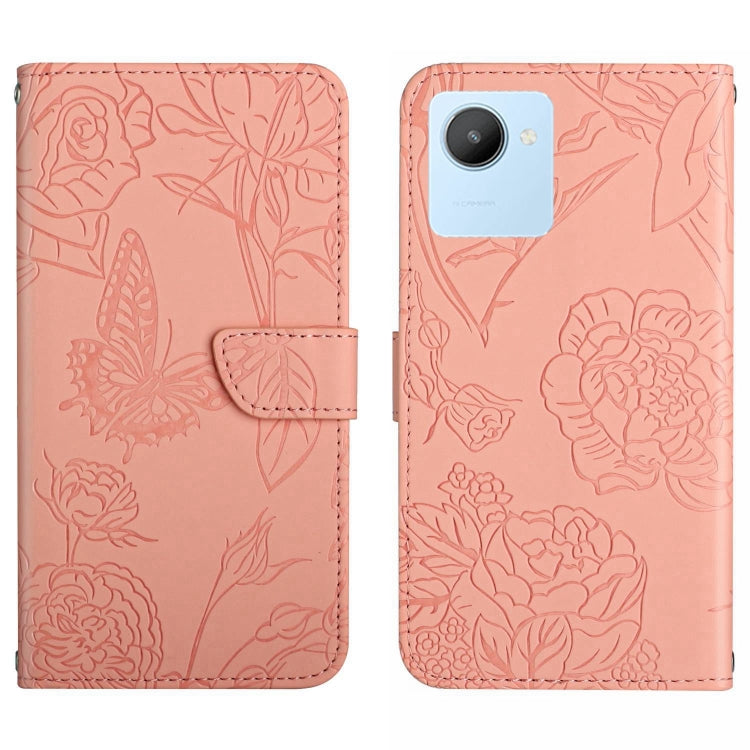 Pink butterfly embossed flip leather phone case with card slot and camera opening