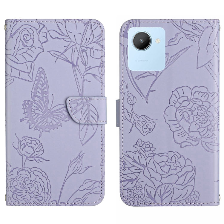 Purple butterfly embossed flip leather phone case with strap and dual camera cutouts