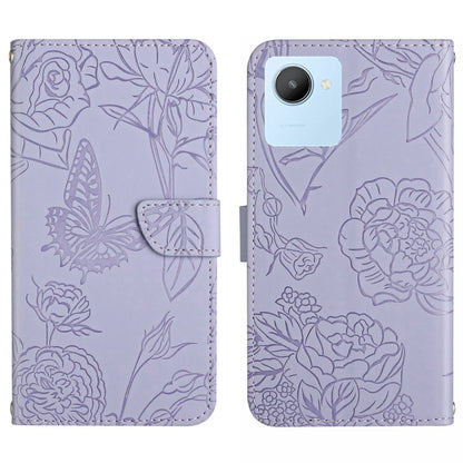 Purple butterfly embossed flip leather phone case with strap and dual camera cutouts
