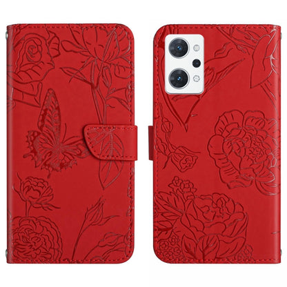Red butterfly embossed flip leather phone case with strap and dual camera cutouts