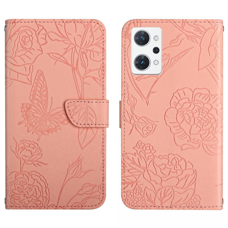 Pink butterfly embossed flip leather phone case with strap and quad camera cutouts