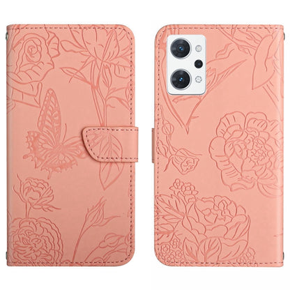 Pink butterfly embossed flip leather phone case with strap and quad camera cutouts