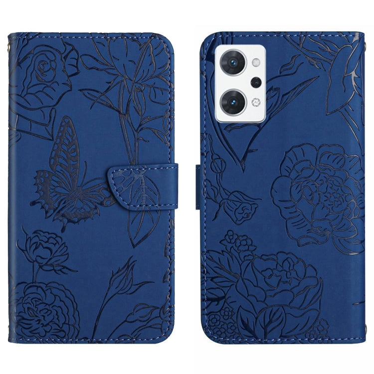 Blue butterfly embossed flip leather phone case with strap and dual camera cutouts