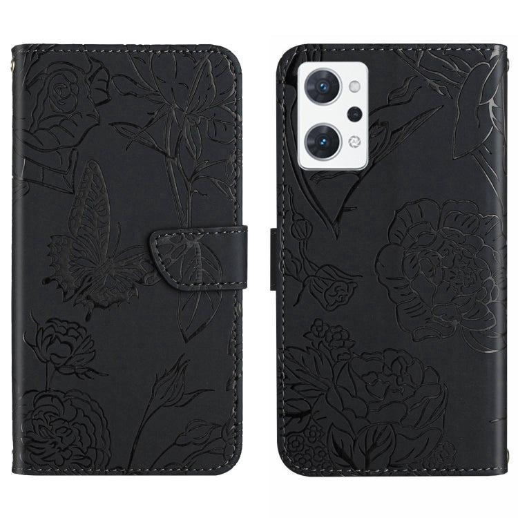 Black butterfly embossed flip leather phone case with strap and dual camera cutouts
