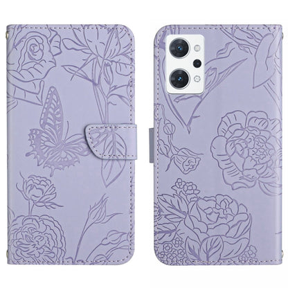 Light purple flip leather phone case with butterfly and floral embossed pattern, card slot