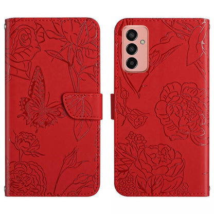 Red butterfly embossed flip leather phone case with strap and triple camera cutouts