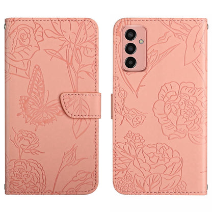 Pink butterfly embossed flip leather phone case with strap and triple camera cutouts