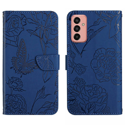 Blue butterfly embossed flip leather phone case with strap and triple camera cutouts