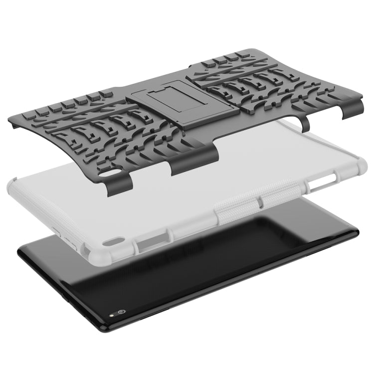 Rugged tablet case with tire texture, white body and gray stand cover