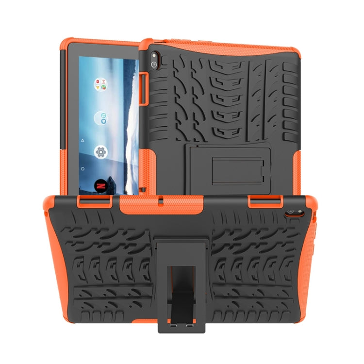 Rugged tablet case with tire texture, orange and black, built-in kickstand/holder