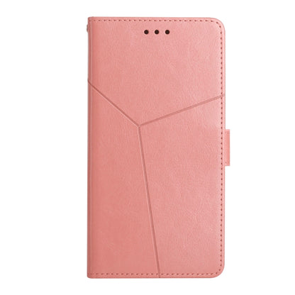 Rose gold flip leather phone case with Y-shaped stitching and top speaker cutouts