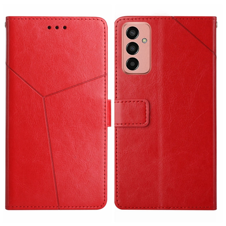 Red leather flip phone case with diagonal stitching, camera cutout, and card holder