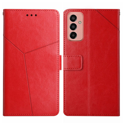 Red leather flip phone case with diagonal stitching, camera cutout, and card holder