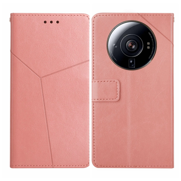 Rose pink leather flip phone case with diagonal stitching and camera cutout slot