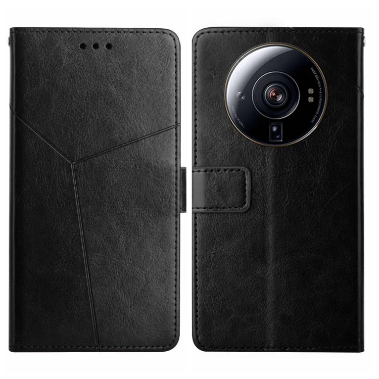 Black leather flip phone case with diagonal stitching, camera cutout, and card holder