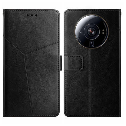 Black leather flip phone case with diagonal stitching, camera cutout, and card holder