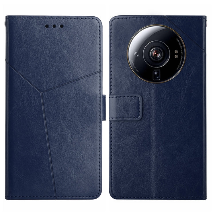 Blue leather flip phone case with diagonal stitching, camera cutout, and card holder