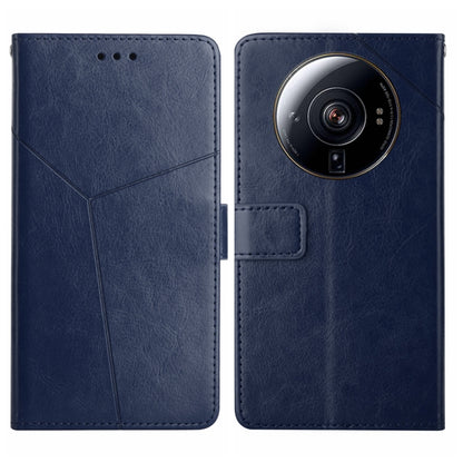 Blue leather flip phone case with diagonal stitching, camera cutout, and card holder