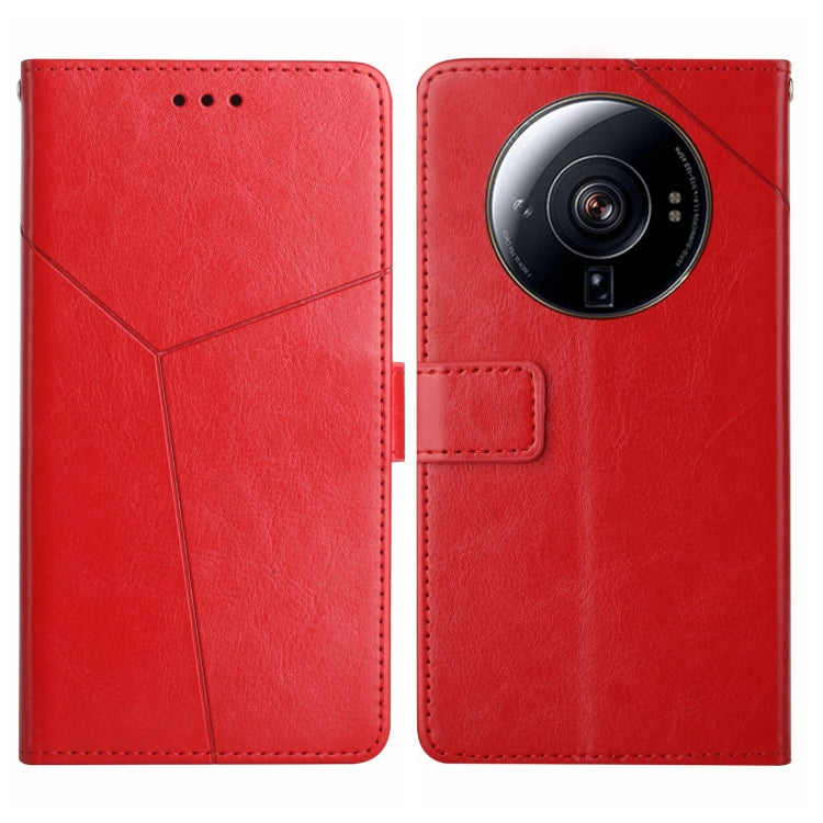 Red leather flip phone case with diagonal seam and camera cutout