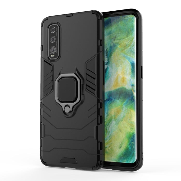 Black rugged protective phone case with magnetic ring holder, front and back views
