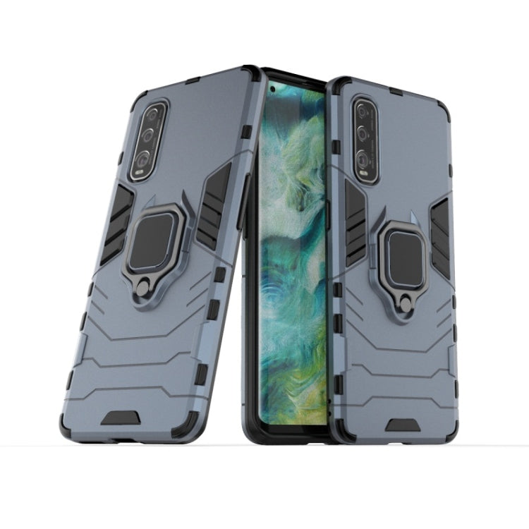 Gray rugged protective phone case with magnetic ring holder, front and back