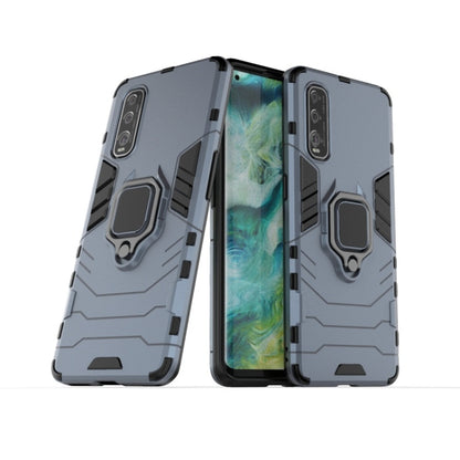 Gray rugged protective phone case with magnetic ring holder, front and back