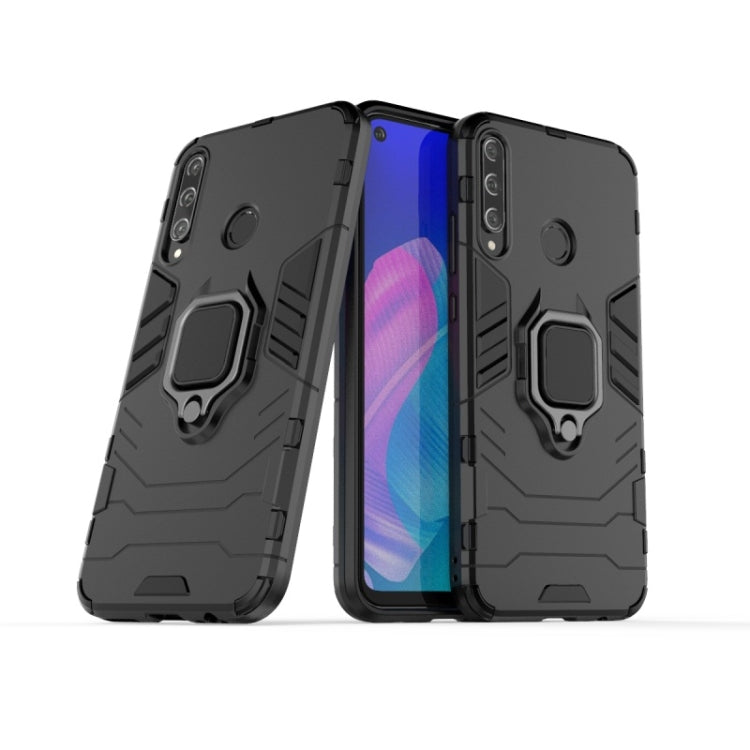 Gray rugged protective phone case with magnetic ring holder, shown from both sides