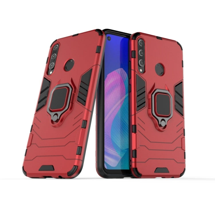Red rugged protective phone case with magnetic ring holder, front and back views