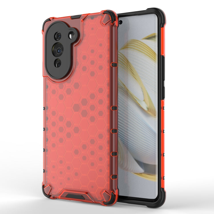 Shockproof honeycomb phone case in red with raised TPU edges and camera cutouts
