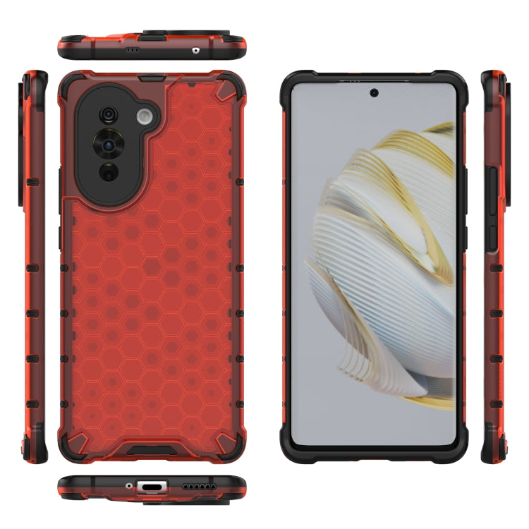 Red shockproof honeycomb phone case set view with bumper, side buttons, and camera cutouts