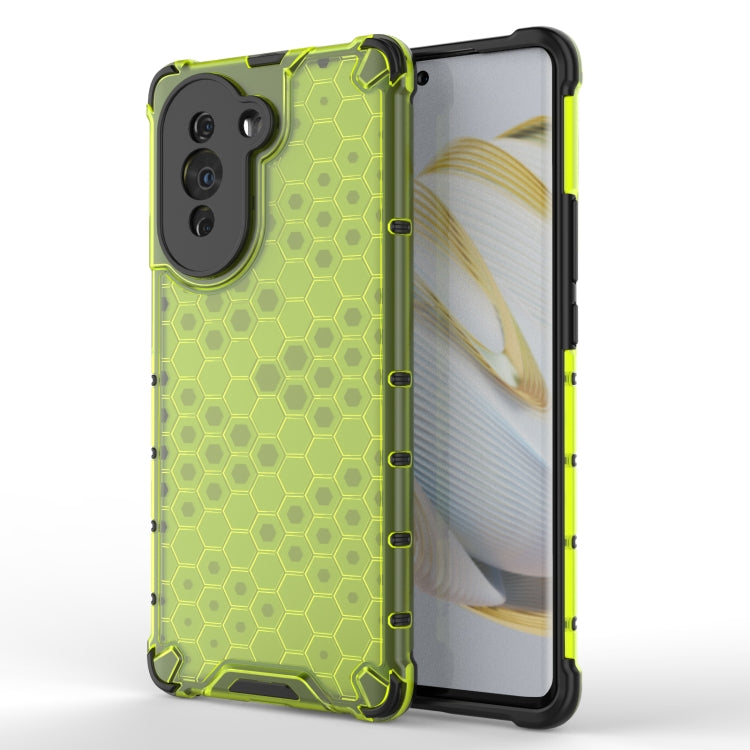 Shockproof honeycomb phone case in green with hex pattern and camera cutouts