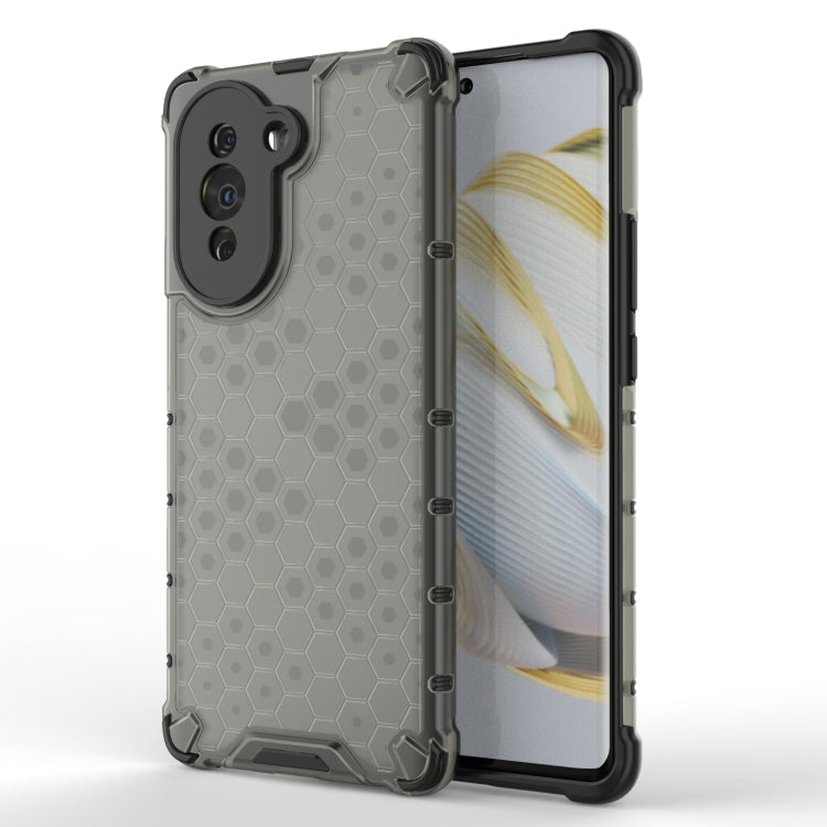 Shockproof honeycomb phone case in grey with hex pattern, raised corners, and camera cutouts