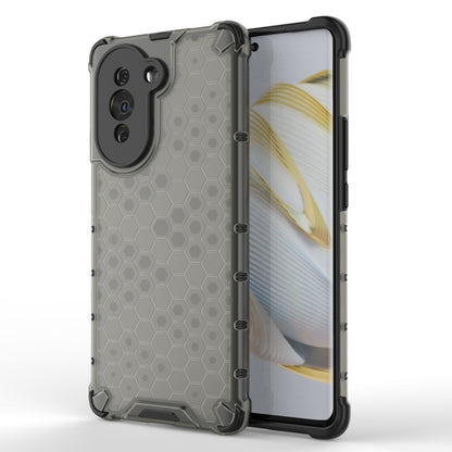 Shockproof honeycomb phone case in grey with hex pattern, raised corners, and camera cutouts