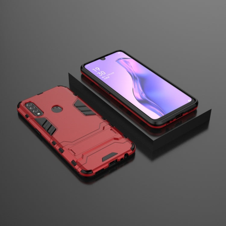 Red shockproof rugged phone case with holder; protective PC and TPU shell