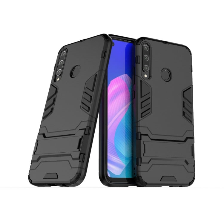 Black shockproof rugged phone case with holder; PC and TPU protective cover