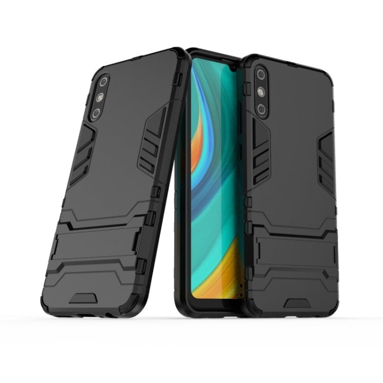 Black shockproof rugged phone case with holder; PC and TPU protective cover